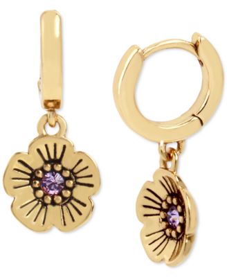 COACH - Gold-Tone  Crystal Tea Rose Dangle Huggie Hoop Earrings