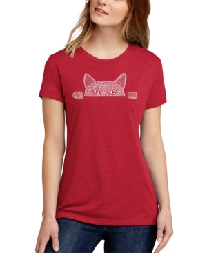 La Pop Art Women's Word Art Peeking Cat T-shirt In Red