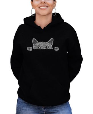 La Pop Art Women s Word Art Hooded Sweatshirt Peeking Cat Black