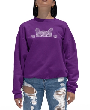La Pop Art Women's Word Art Peeking Cat Crewneck Sweatshirt In Purple