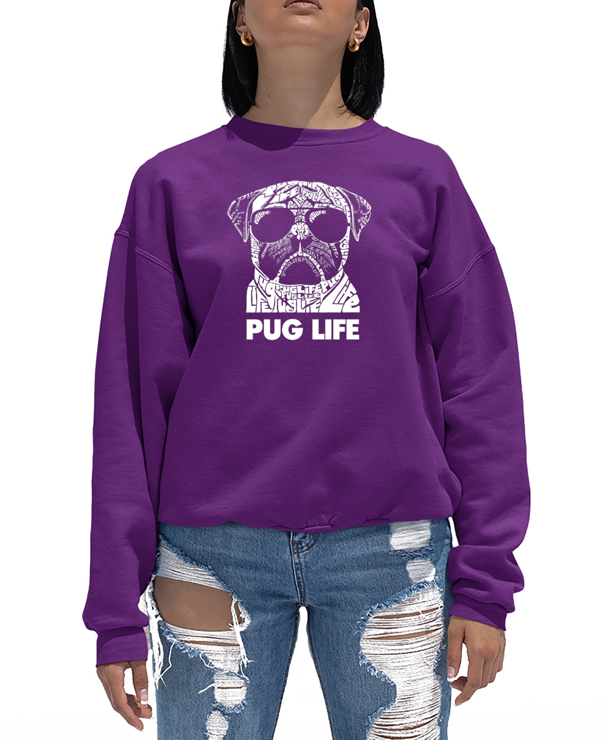 Women's Word Art Pug Life Crewneck Sweatshirt
