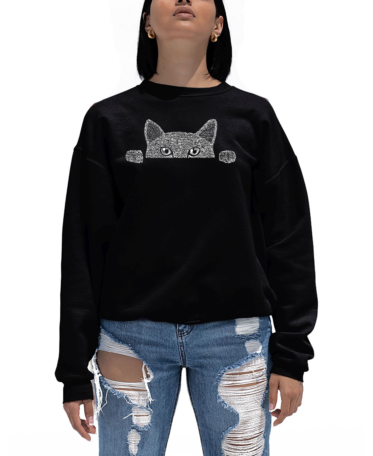 Женский свитшот LA Pop Art Word Art Peeking Cat Crewneck, цвет: Чёрный — фото 1