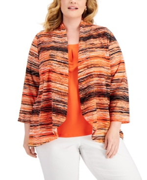 Kasper Plus Size Sunset Waves Printed High-Low Cardigan