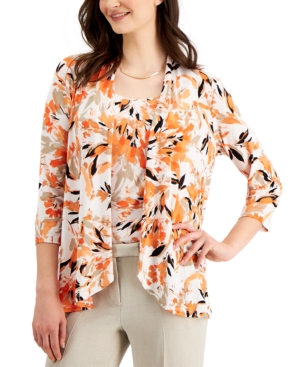 Kasper Botanical Floral Printed High-Low Cardigan