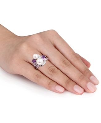 Cultured Freshwater Pearl (6-1/2 & 7-1/2mm) & Multi-Gemstone (1-3/8 ct. t.w.) Cluster Ring in Sterling Silver