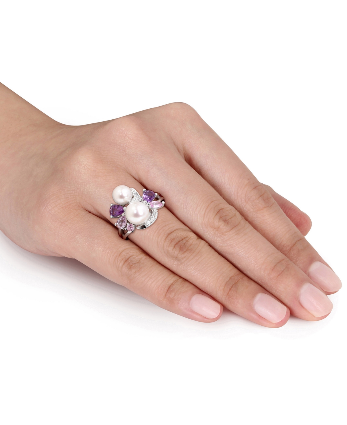 Cultured Freshwater Pearl (6-1/2 & 7-1/2mm) & Multi-Gemstone (1-3/8 ct. t.w.) Cluster Ring in Sterling- Silver