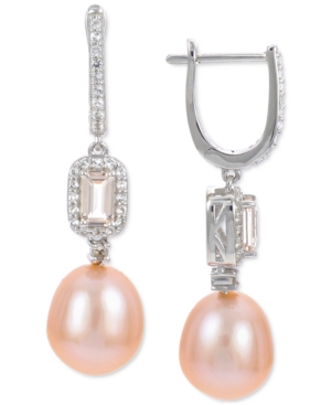 Macy's Pink Cultured Freshwater Pearl (9mm) & Multi-gemstone (3/4 Ct. T.w.) Drop Earrings In Sterling Silve
