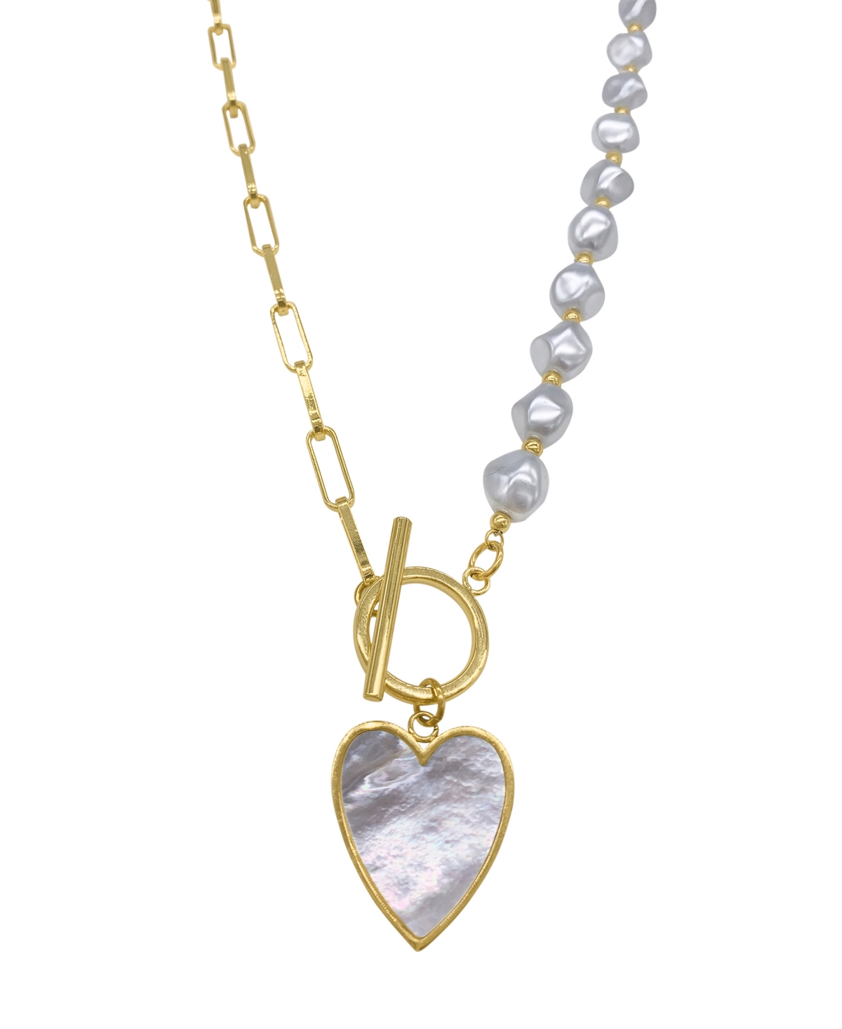 Imitation Pearl and Chain Heart Toggle Necklace - Yellow Gold-Tone, White