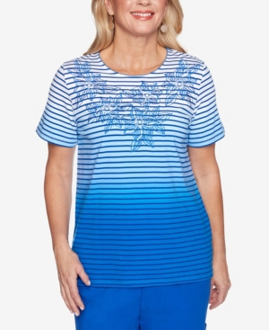 ALFRED DUNNER PLUS SIZE ISLAND HOPPING OMBRE STRIPE FLORAL YOKE TOP