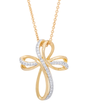 Macy's Two Tone Diamond Accent Ribbon Cross Pendant 18" Necklace In Gold