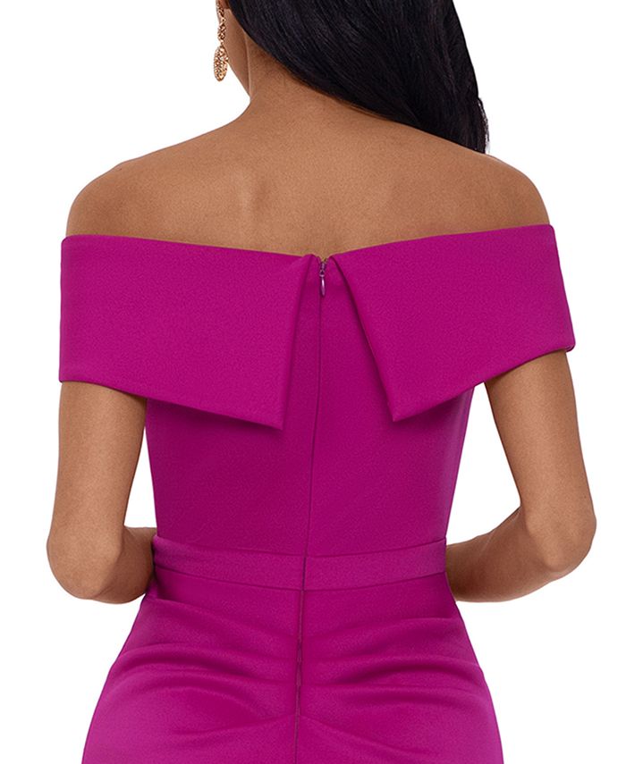 xscape ruffle off the shoulder gown