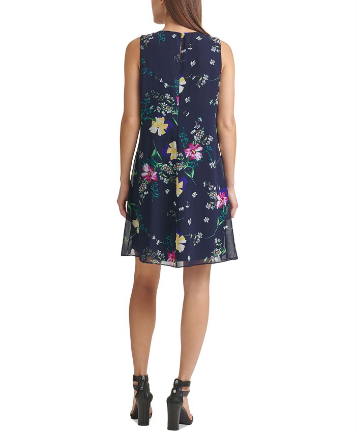 DKNY Floral-Print Pleat-Neck Trapeze Dress - Macy's