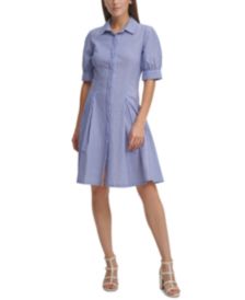 Striped Textured Button-Down Pleated Shirtdress