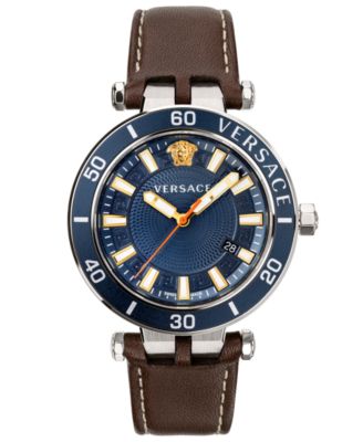 Versace Men's Swiss Greca Sport Brown Leather Strap Watch 43mm
