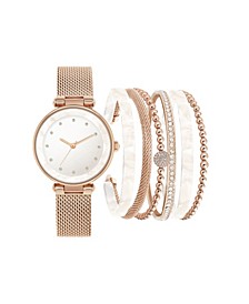 Women's Rose Gold-Tone Mesh Strap Analog Watch with White Stackable Resin Bracelets Gift Set