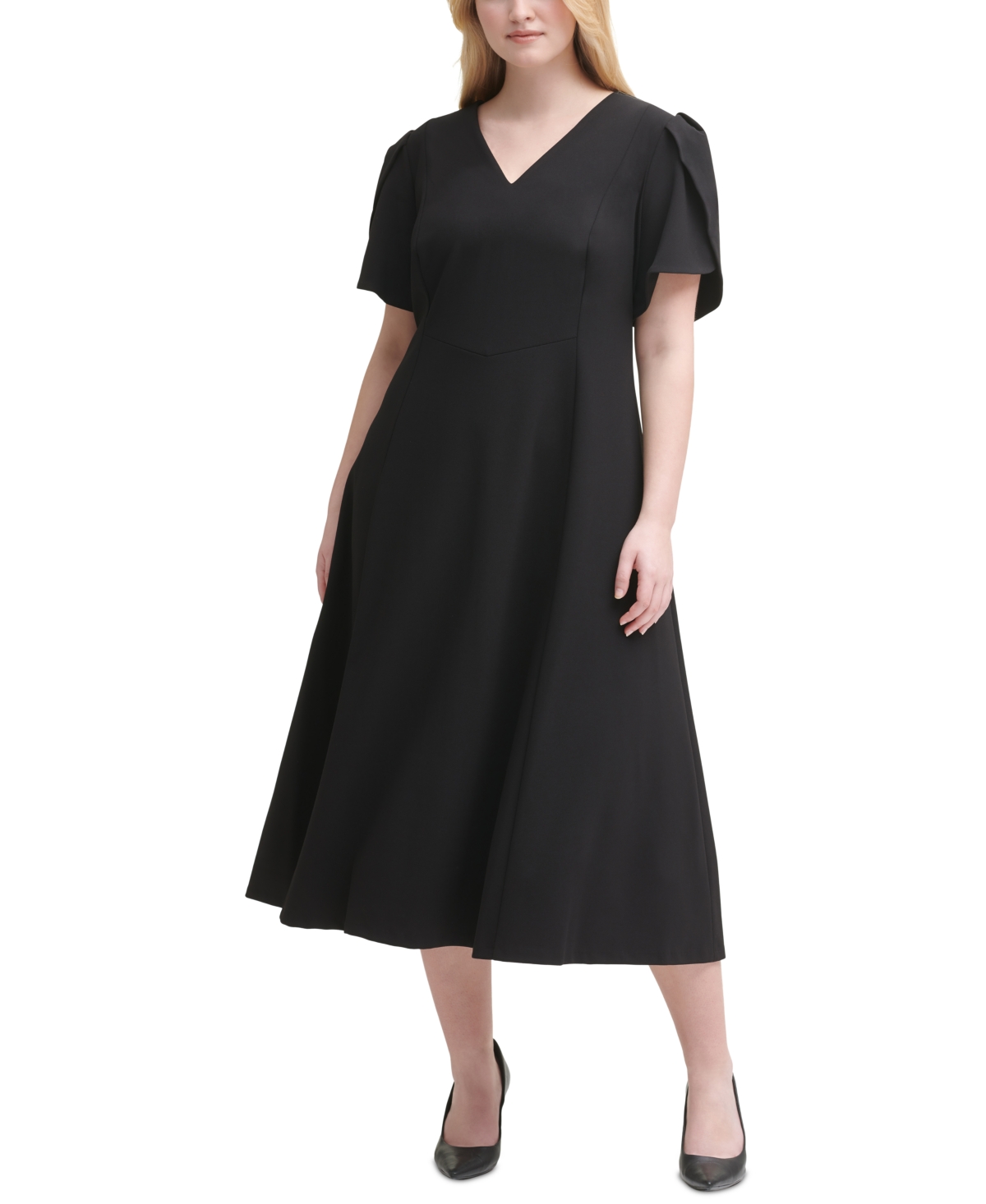 Calvin Klein Plus Size Tulip Sleeve Midi Dress In Black Modesens