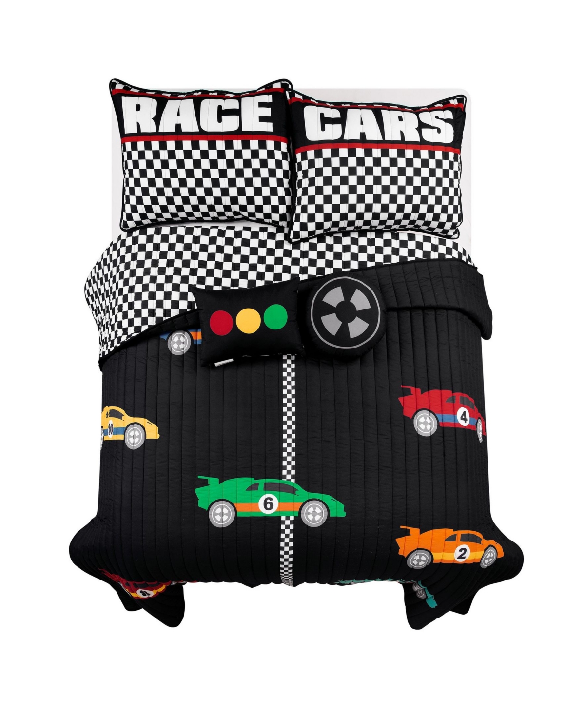 Lush Decor Racing Cars 5 Piece Quilt Set For Kids, Full/queen In Black,multi