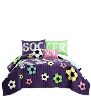 Lush Decor Girls Soccer Kick 5 Piece Quilt Set For Kids, Full/queen In Purple