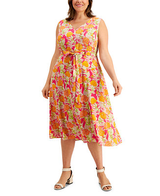 Calvin Klein Plus Size Printed Fit & Flare Belted Midi Dress - Macy's