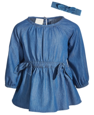 First Impressions Baby Girls 3-Pc Gathered Denim Dress Bloomers & Headband Set Created for Macy's