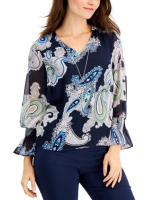 JM Collection - Paisley-Print Smocked-Sleeve Necklace Top
