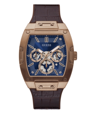 Guess Men's Multi-function Rose Gold-tone Brown Leather Silicone Strap Watch 45mm