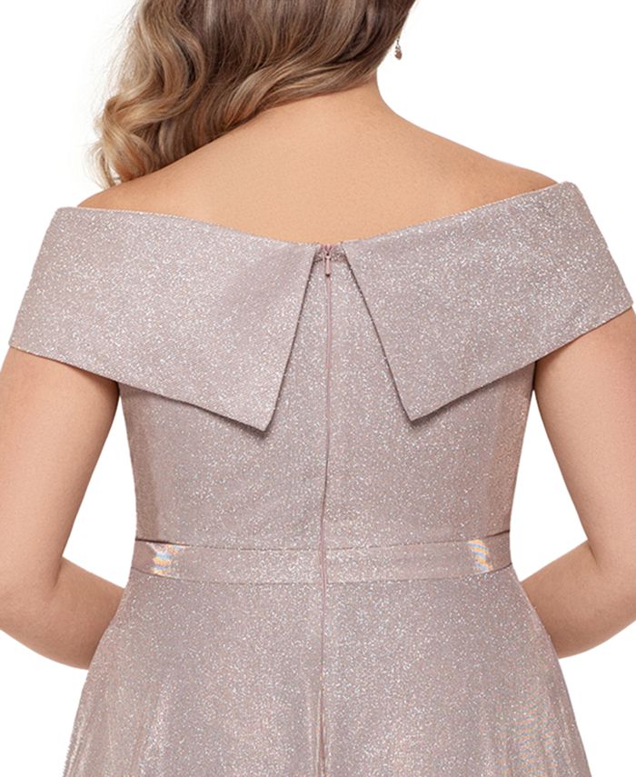 xscape off the shoulder glitter gown