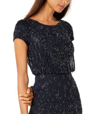 Women's Beaded Short-Sleeve Sheer-Overlay Gown