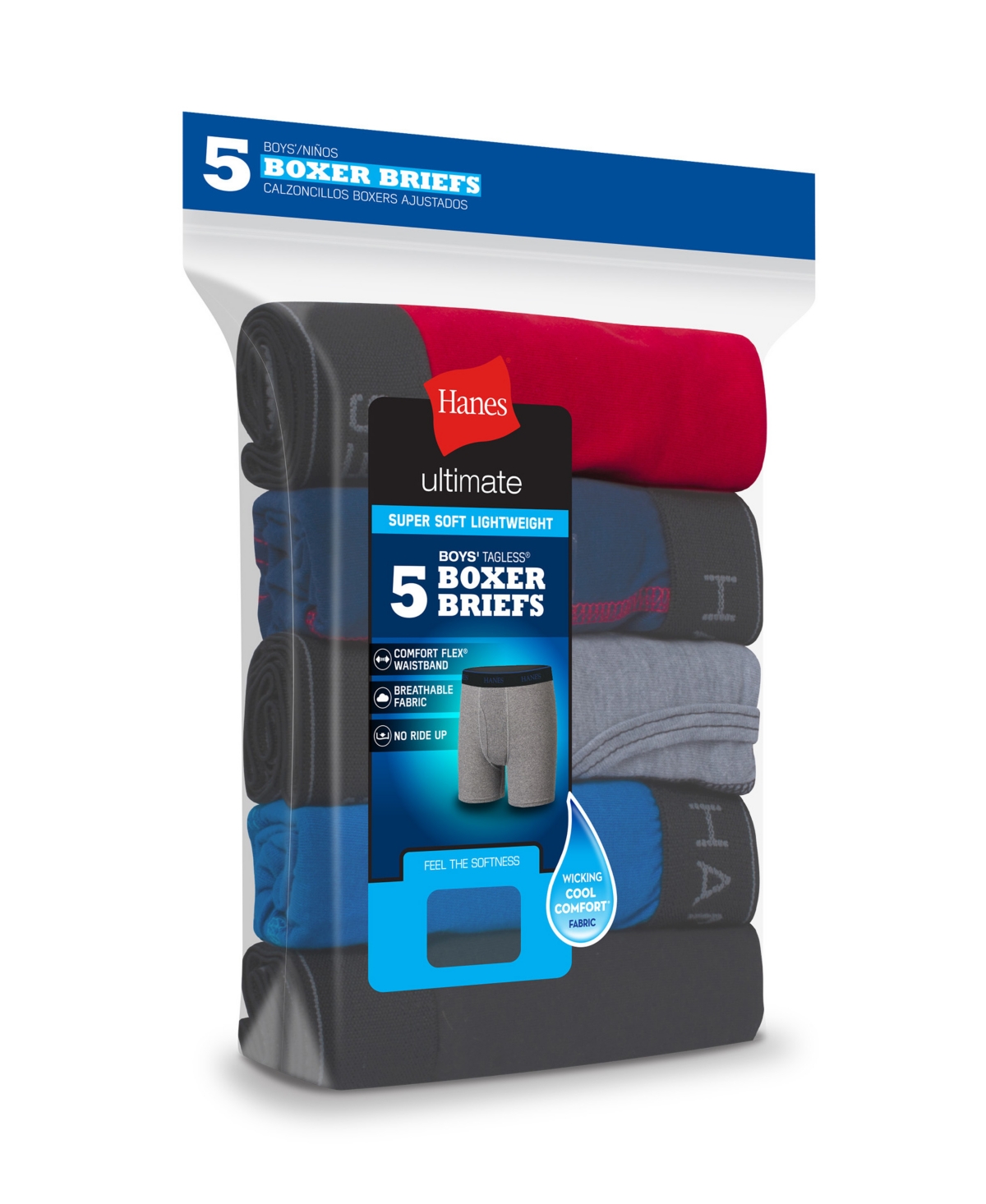 Hanes Big Boys Ultimate Cotton Blend Boxer Briefs, Pack Of 5 In Red,gray,blue,black