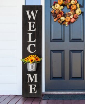 Glitzhome - 42"H Wooden Black WELCOME Porch Sign with Metal Planter