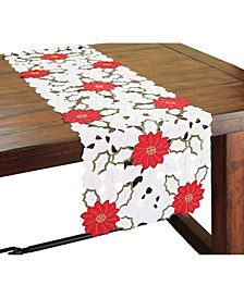 Holiday Poinsettia Embroidered Cutwork Table Runner, 54" x 15"