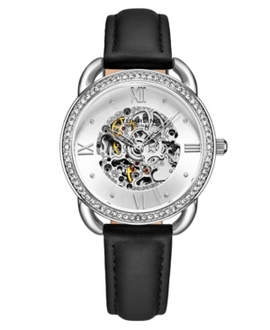 Stuhrling Women's Automatic Black Genuine Leather Strap Watch 36mm In White