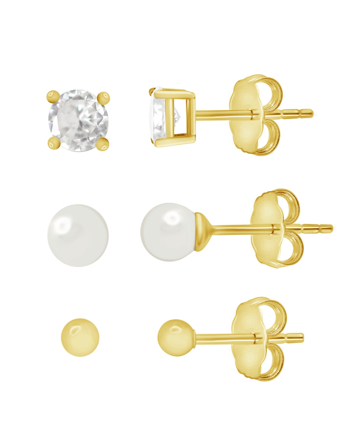 Trio Ball Stud, Round Cubic Zirconia Stud and Glass Pearl Stud Set in Silver Plate or Gold Plate - Gold