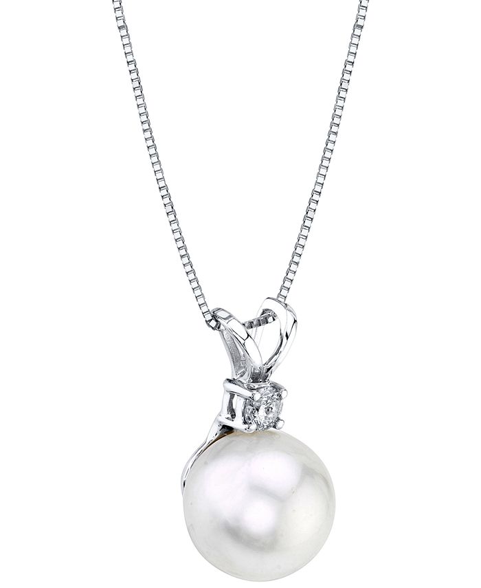 Macy's - Cultured White South Sea Pearl (9mm) & Diamond (1/10 ct. t.w.) 18" Pendant Necklace in 14k White Gold