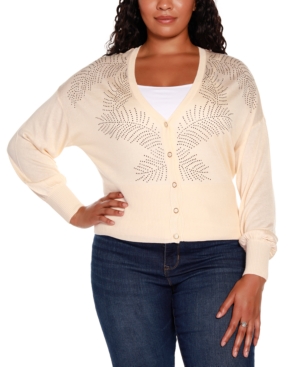 Belldini Black Label Plus Size Long Sleeve Button Up Cardigan with Rhinestone Trim