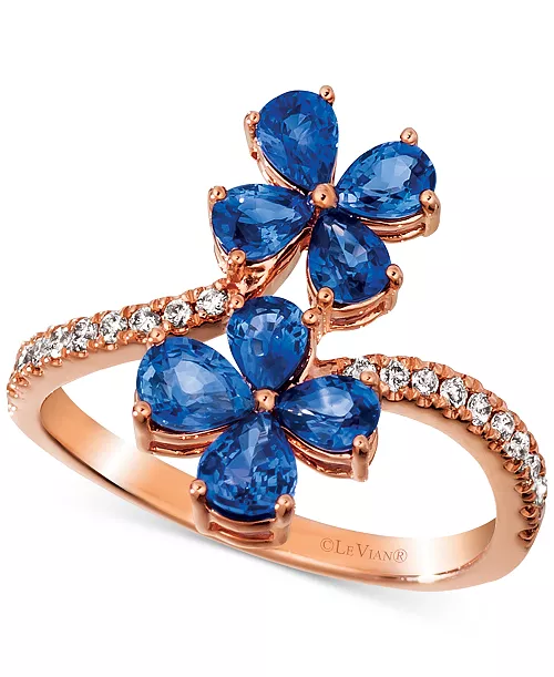 Blueberry Sapphire Flower Statement Ring in 14k Rose Gold & Diamond