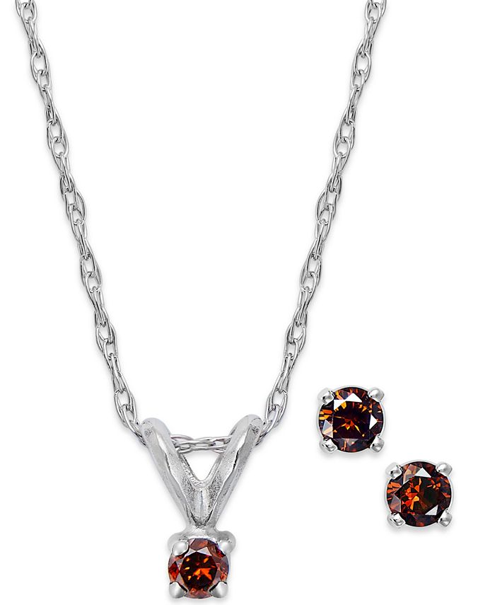 Macy's - 10k White Gold Red Diamond Necklace and Earring Set (1/10 ct. t.w.)
