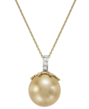 image of 14k Gold Golden South Sea Pearl (14mm) and Diamond Accent Crown Pendant Necklace