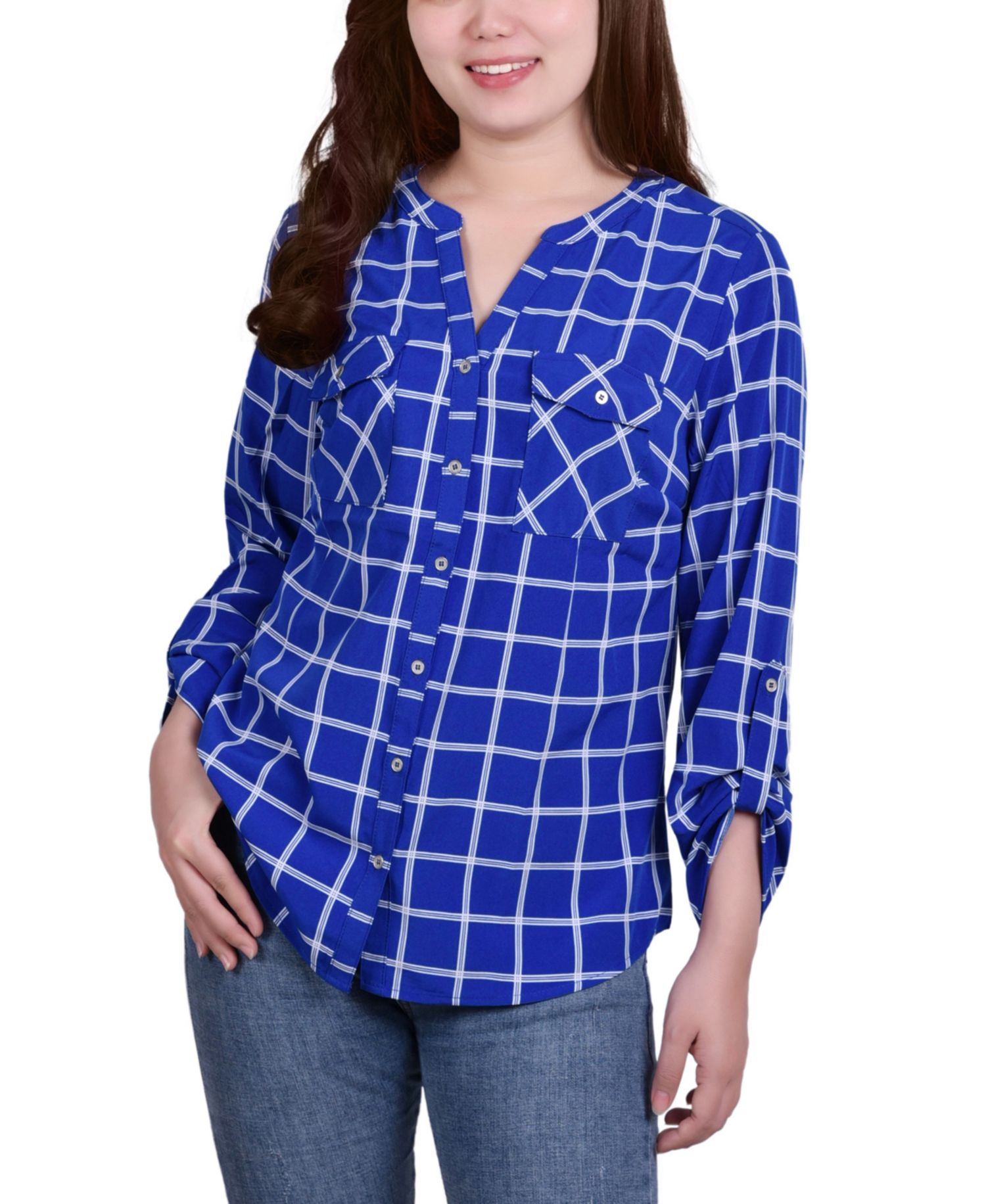 Women's 3/4 Roll Tab Sleeve Mandarin Collar Blouse