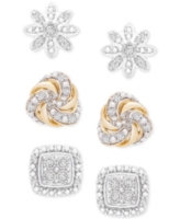 3-Pc. Diamond Stud Earrings Set (1/4 ct. t.w.) in Sterling Silver & 14k Gold-Plate - Sterling Silver  Gold-Plate