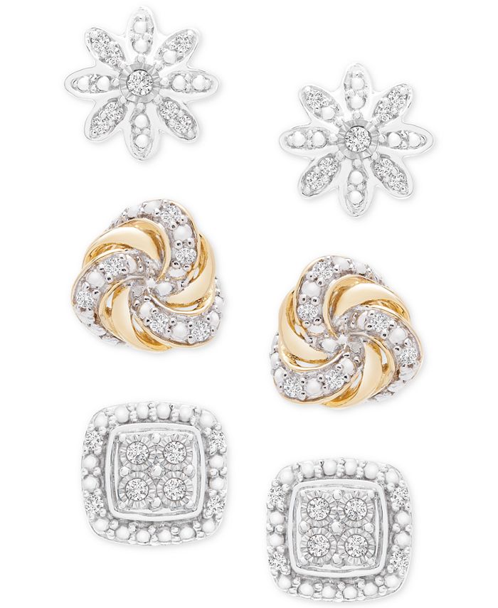 Macy's 3-Pc. Diamond Stud Earrings Set (1/4 ct. .) in Sterling Silver &  14k Gold-Plate & Reviews - Earrings - Jewelry & Watches - Macy's