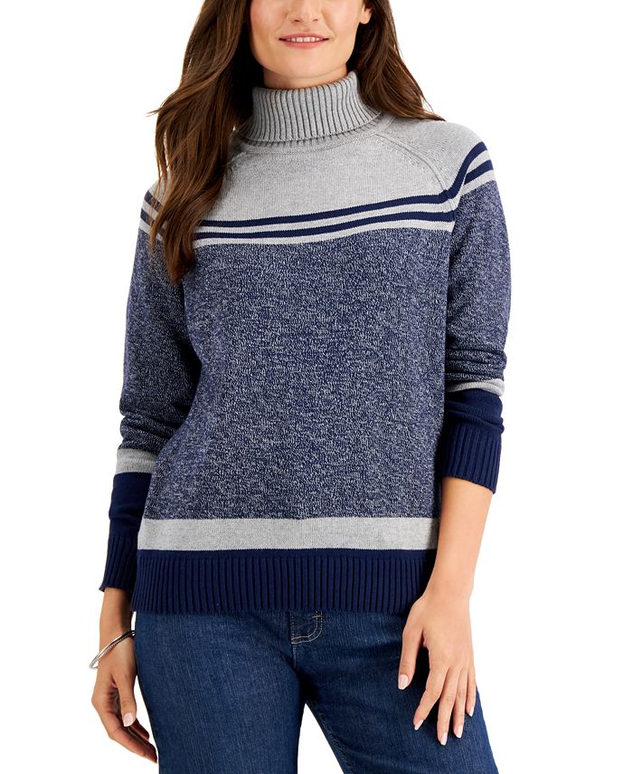 Karen Scott Amelia Cotton Colorblocked Turtleneck Sweater, Created for ...