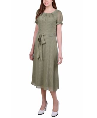 Petite Short Sleeve Belted Swiss Dot Dress