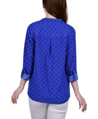 Petite 3/4 Sleeve Roll Tab Notch Collar Blouse 