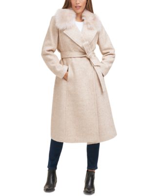 Herringbone Faux-Fur-Collar Belted Wrap Coat
