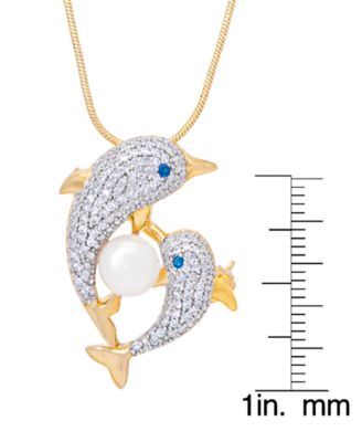 Genuine Freshwater Pearl Cubic Zirconia Dolphin Pendant 18" Necklace in Gold Plate