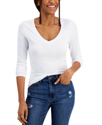 Juniors V-Neck Long Sleeve Top - Stretch Cotton Basic Shirt
