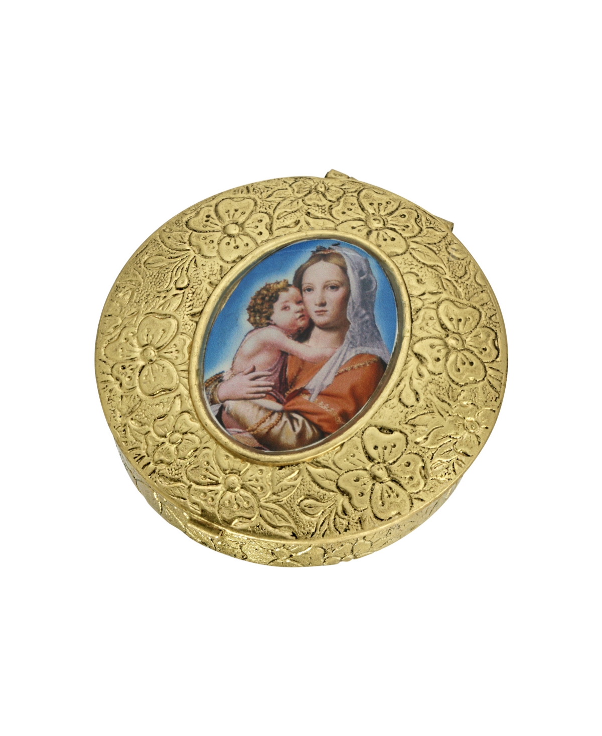 Symbols Of Faith Gold-tone Round Mary And Child Pill Box In Yellow
