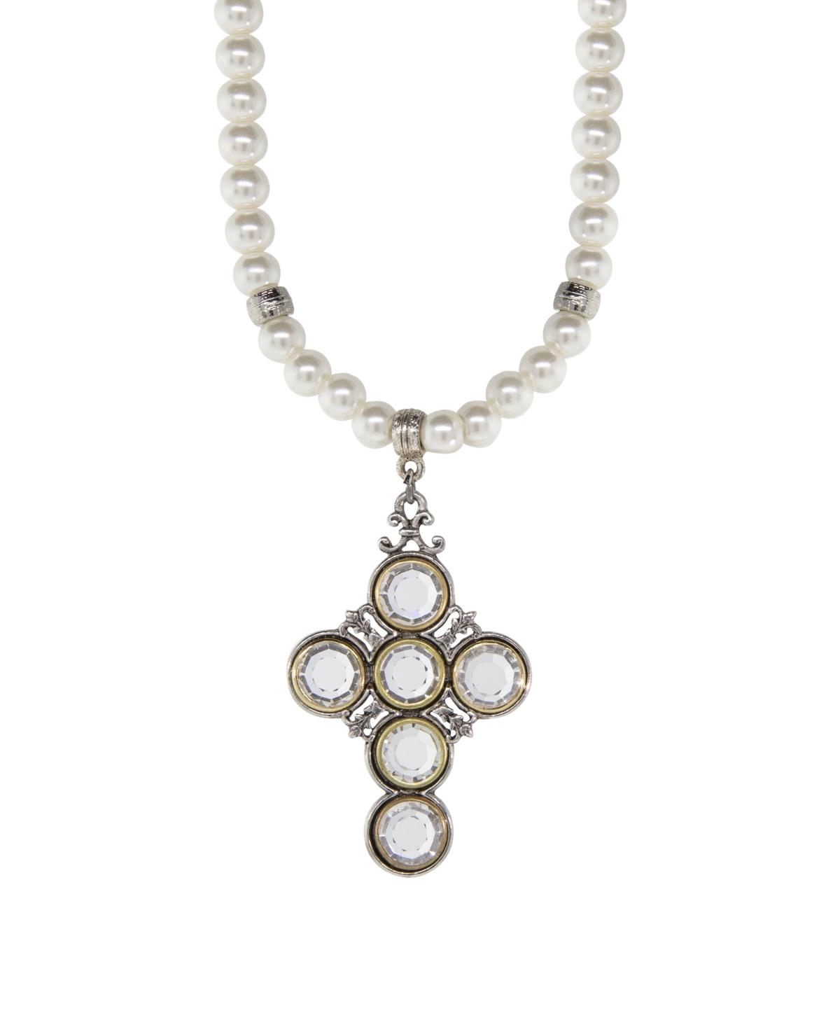 Pewter Cross Imitation Pearl Clear Crystal Necklace - White