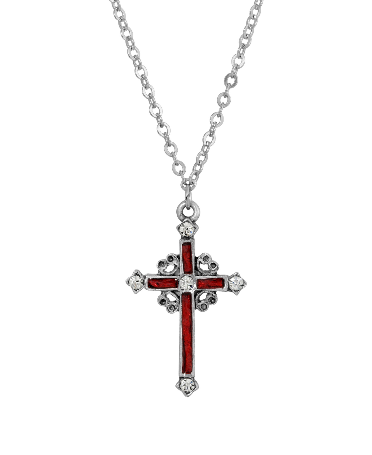 Pewter Red Hand Enamel Cross with Crystals Necklace - Red